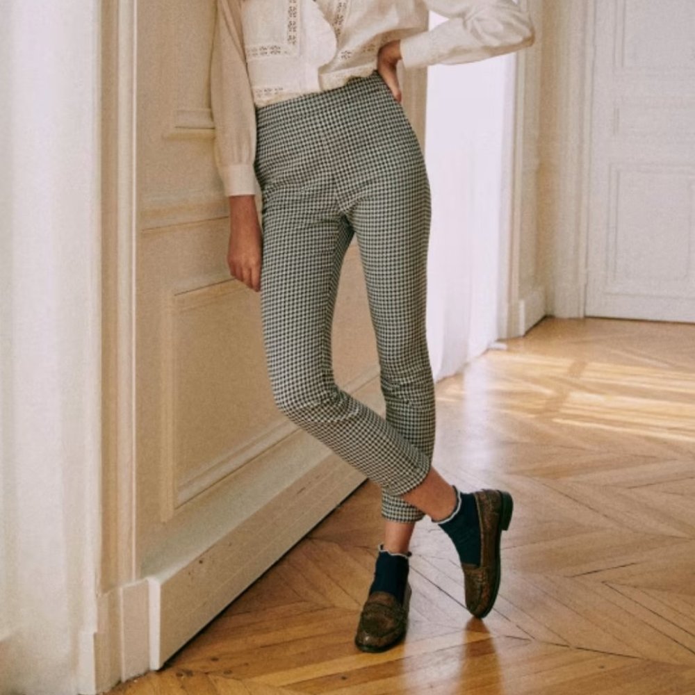 Sezane Black and White Checkered Trousers